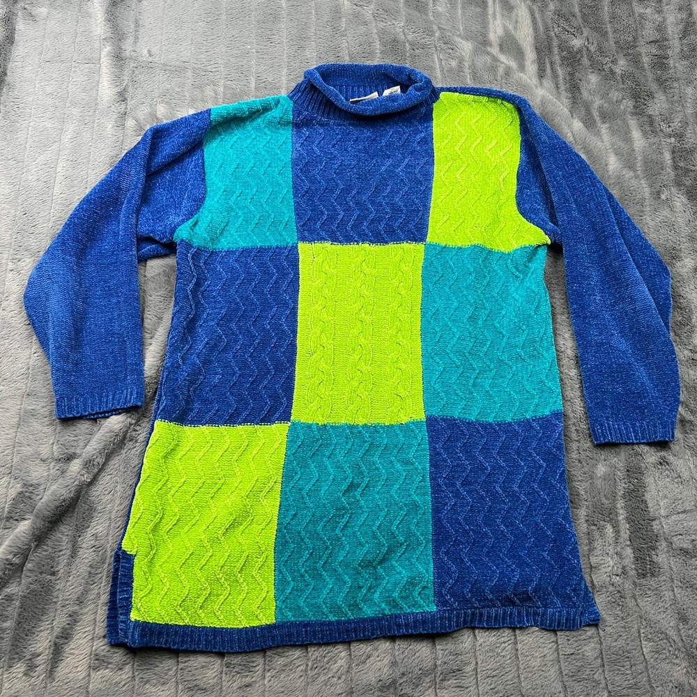 Laura Gayle Vintage Colorblock Chenille Sweater Blue Green Patchwork Mock Neck M